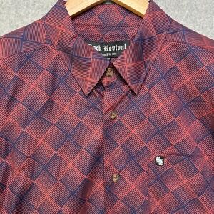 Rock Revival Mens Red Navy Geometric Grid Button Down Shirt WVN9000 Large